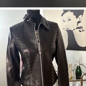 Women’s Black Stud-Accent Leather Zip Jacket